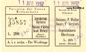 k-Fahrschein Rittnerbahn v. 1952